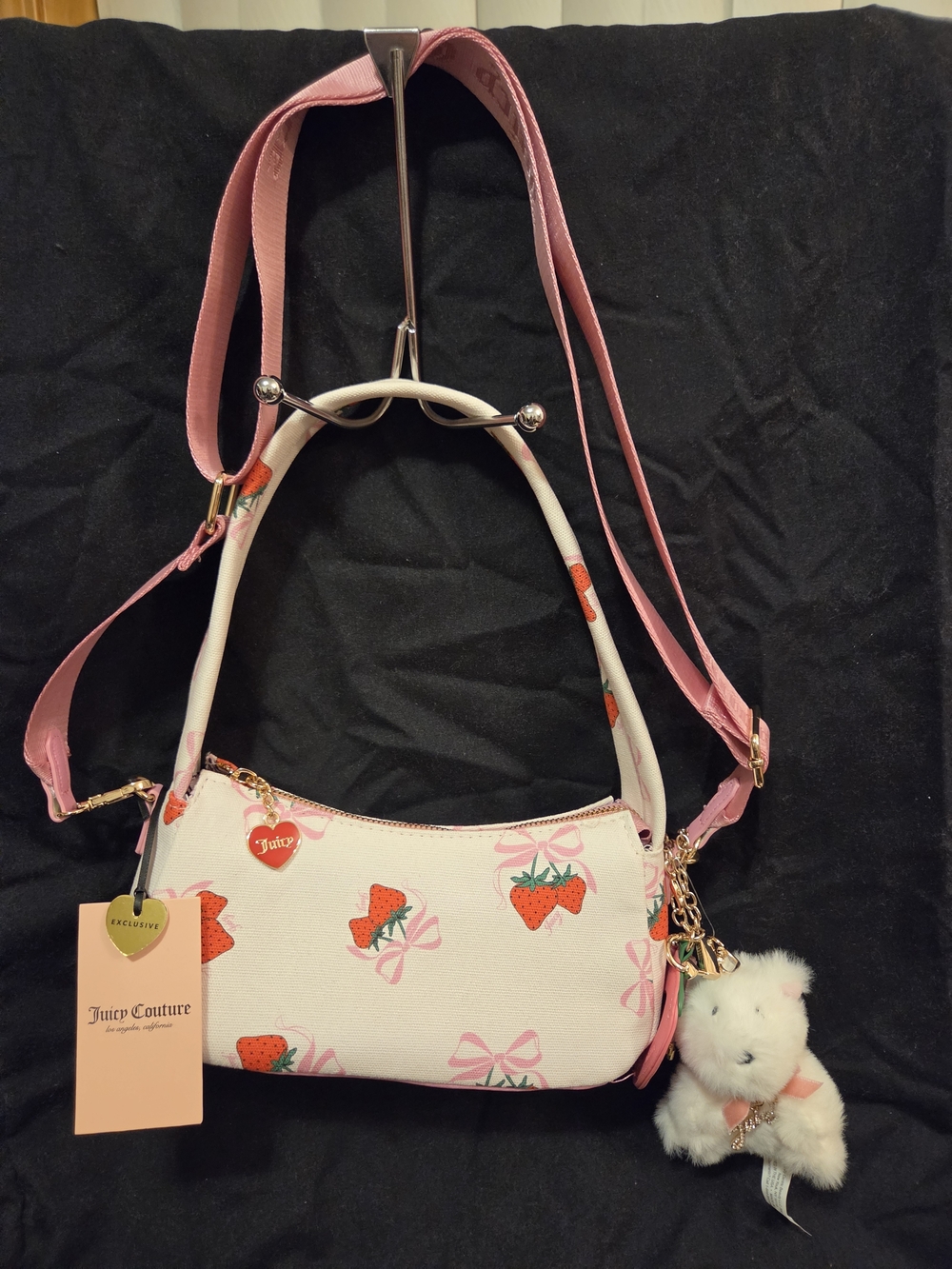 Juicy Couture White and Pink Strawberry Print Shoulder Bag with Charm